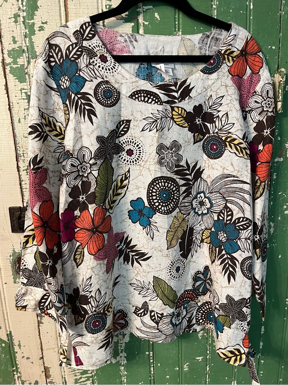 100% Linen Hot Cotton Fall Floral Print Top Tunic Size Medium